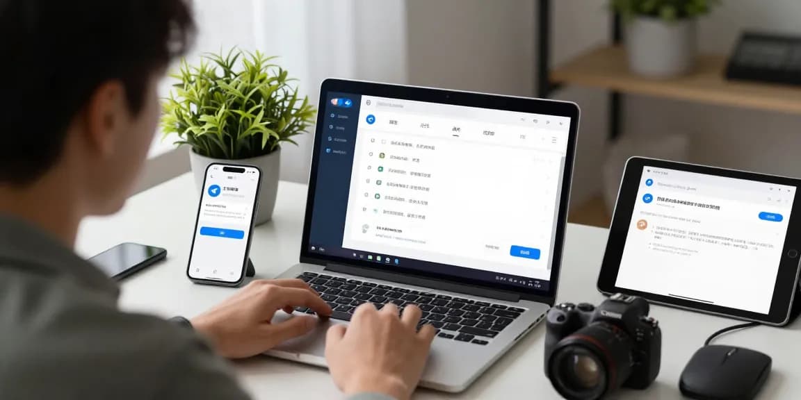 Explore Telegram Chinese language settings at a modern workspace with multiple devices displaying language options and user engagement.