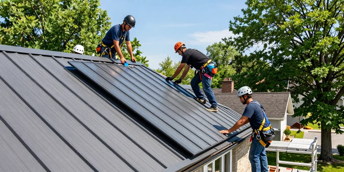 Roofing team installing metal roofing in Toronto; read more about quality solutions.