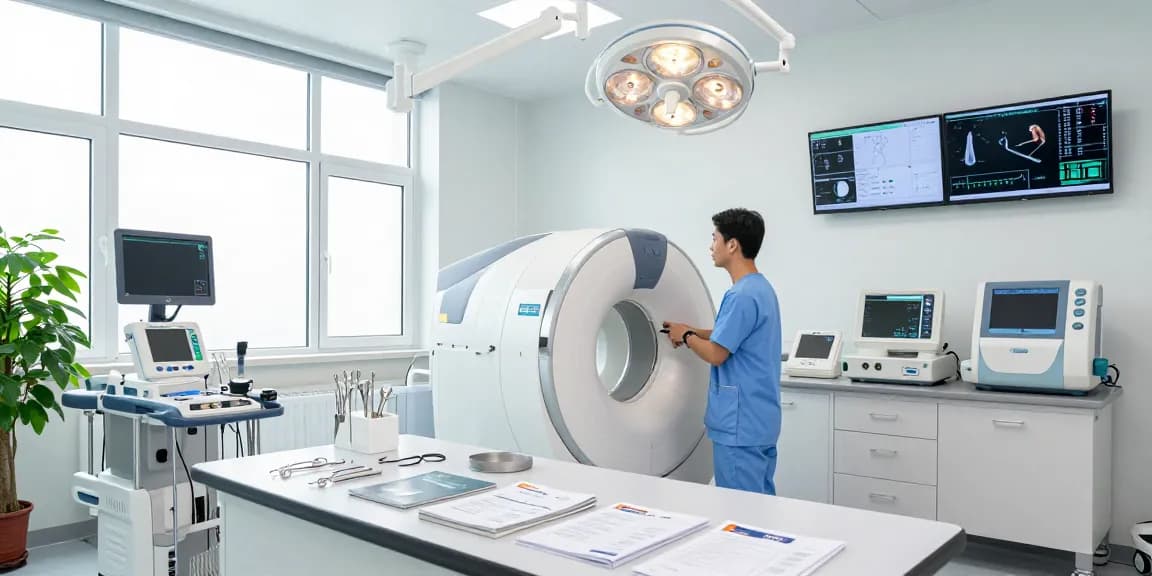 Medical equipment suppliers in a modern clinical setting with advanced imaging machinery and surgical tools.