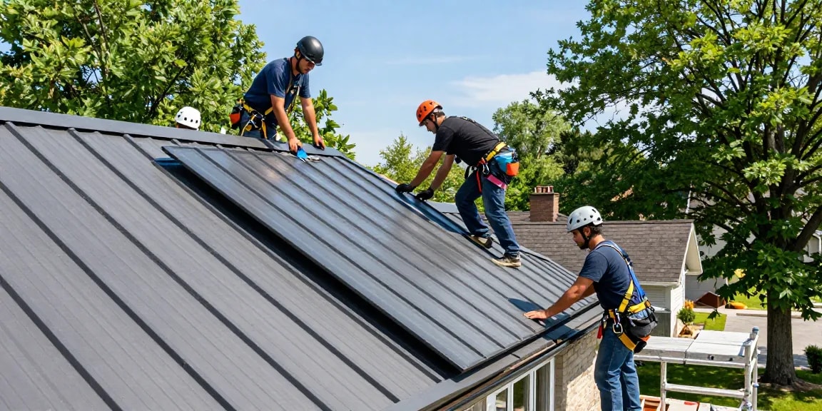 Roofing team installing metal roofing in Toronto; read more about quality solutions.