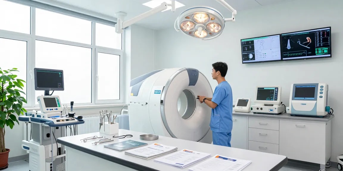 Medical equipment suppliers in a modern clinical setting with advanced imaging machinery and surgical tools.