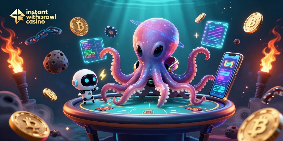 Engage with the instant withdrawal casino experience as an alien octopus plays holographic poker with Bitcoin floating around.