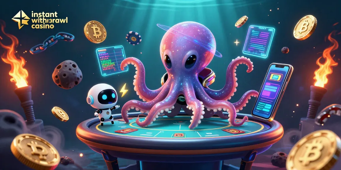 Engage with the instant withdrawal casino experience as an alien octopus plays holographic poker with Bitcoin floating around.