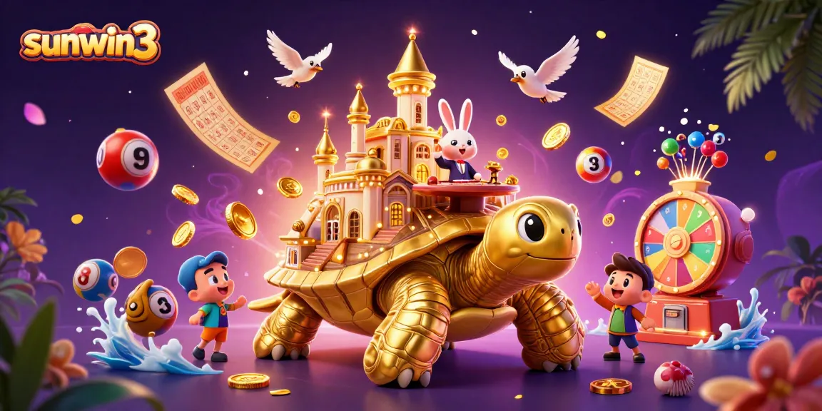 Experience the excitement of sunwin3 with a colorful 3D casino illustration featuring a golden tortoise and rabbit dealer.