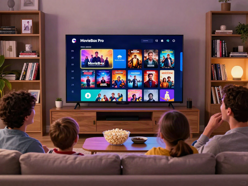 Family enjoying movie night with the MovieBox Pro App displayed on their TV.