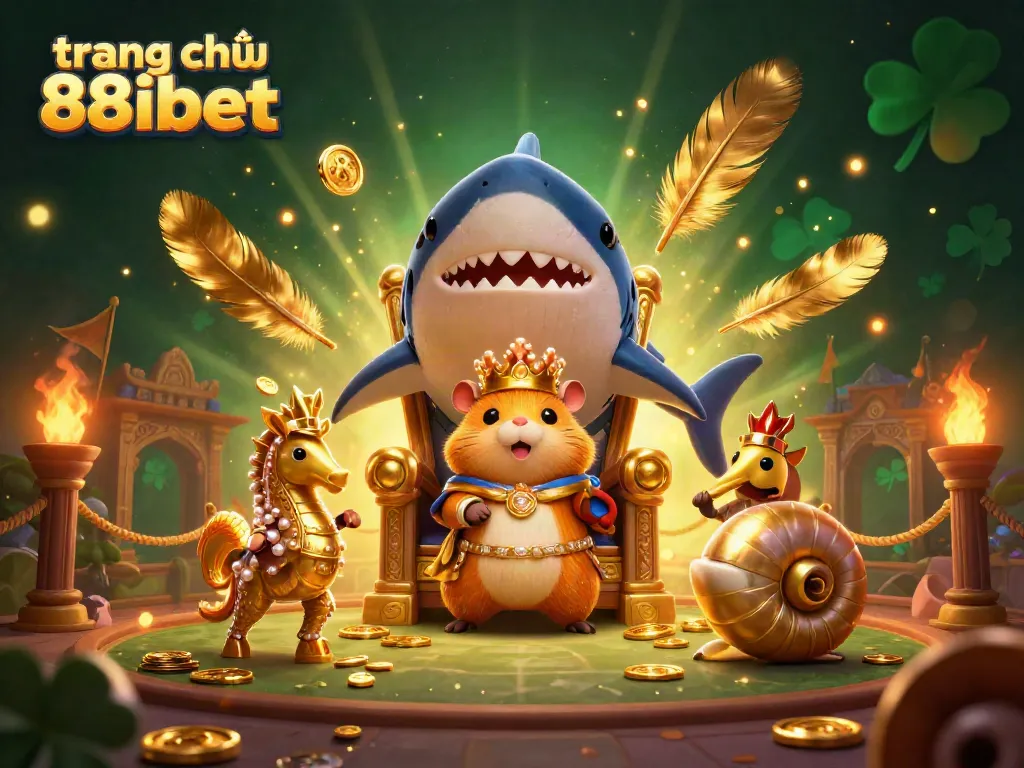 Experience the vibrant scene of trang chủ 88ibet featuring a golden hamster king and his royal guards in a dynamic casino-themed arena.