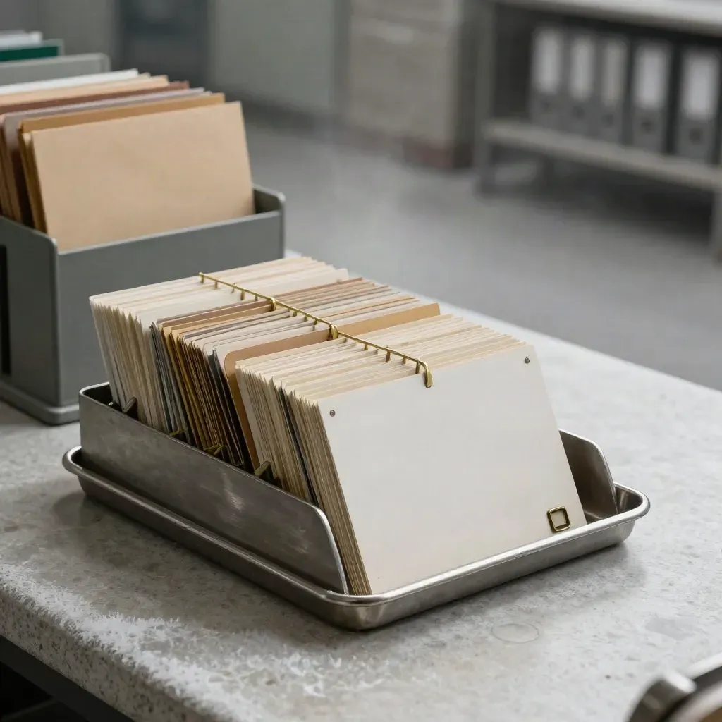 Brushed-steel school records tray with file cards, timetable tiles, and mail rack in dawn light.