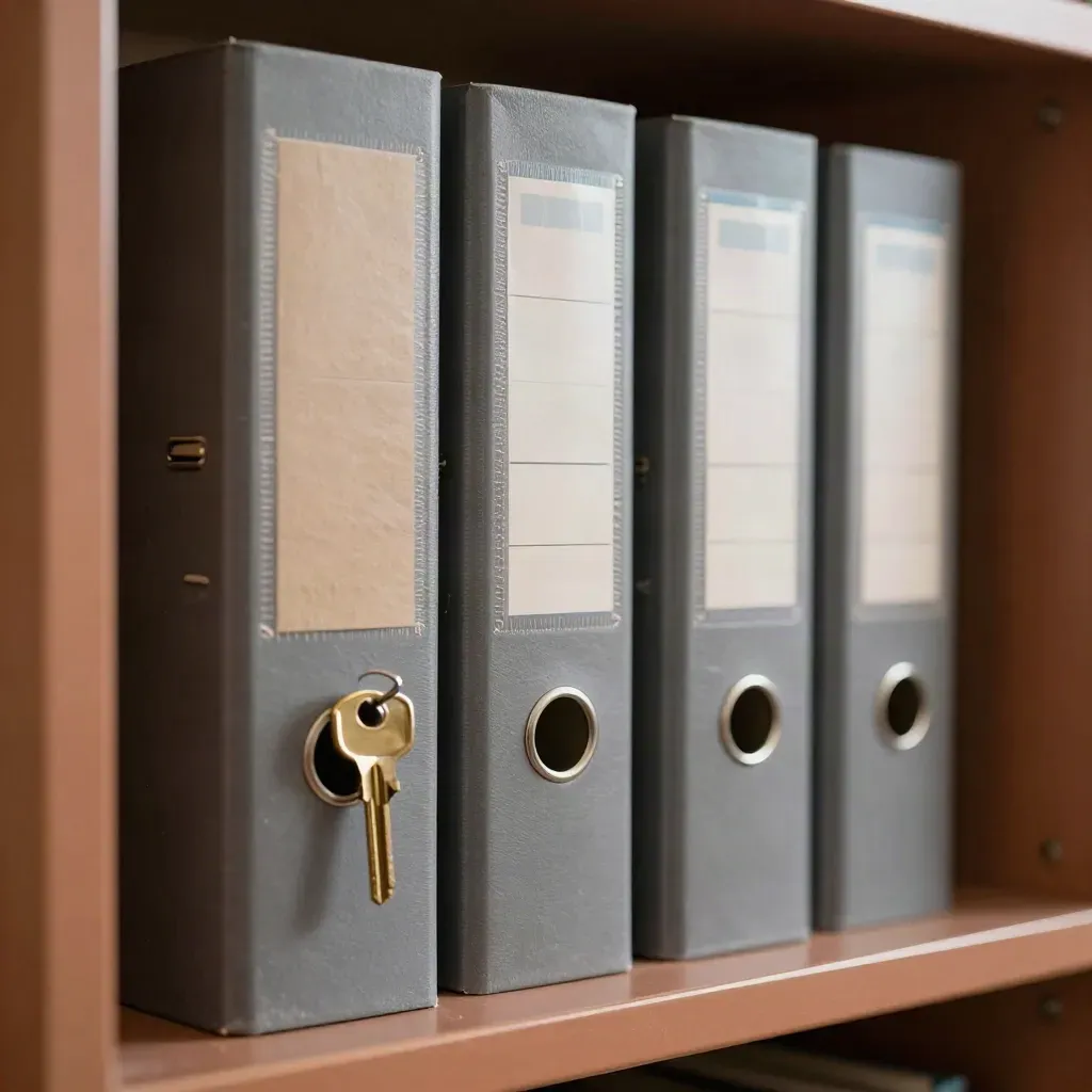Three archive binders with brass key ring and pale blue tabs on a clay shelf.