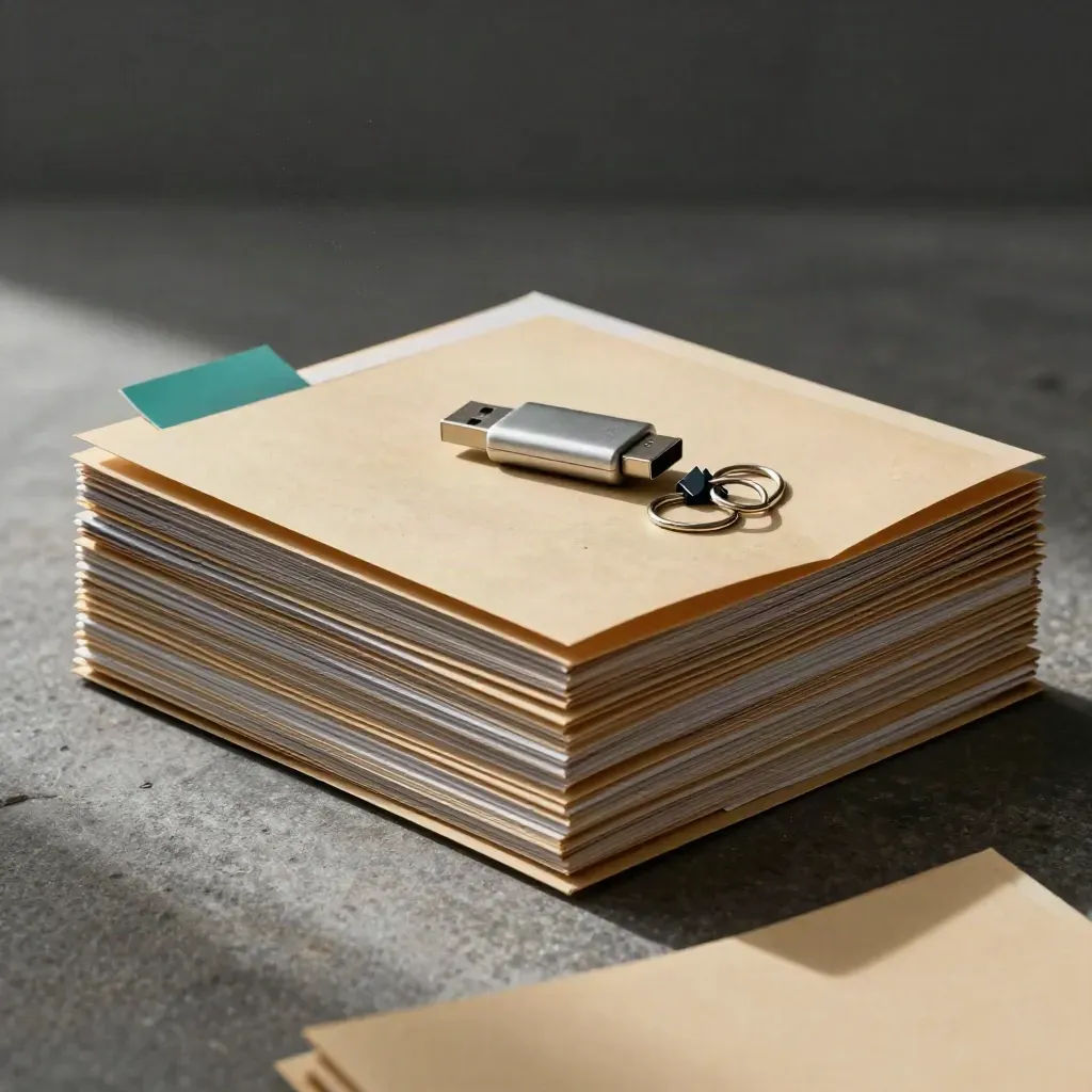 Manila roster folders, USB key and binder rings on stone with dramatic light