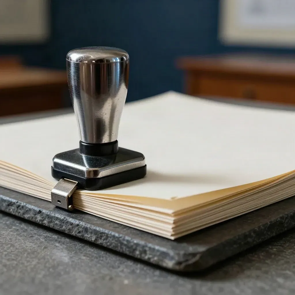 Metal attendance stamper beside blank slips and a graphite tray in dramatic studio light.