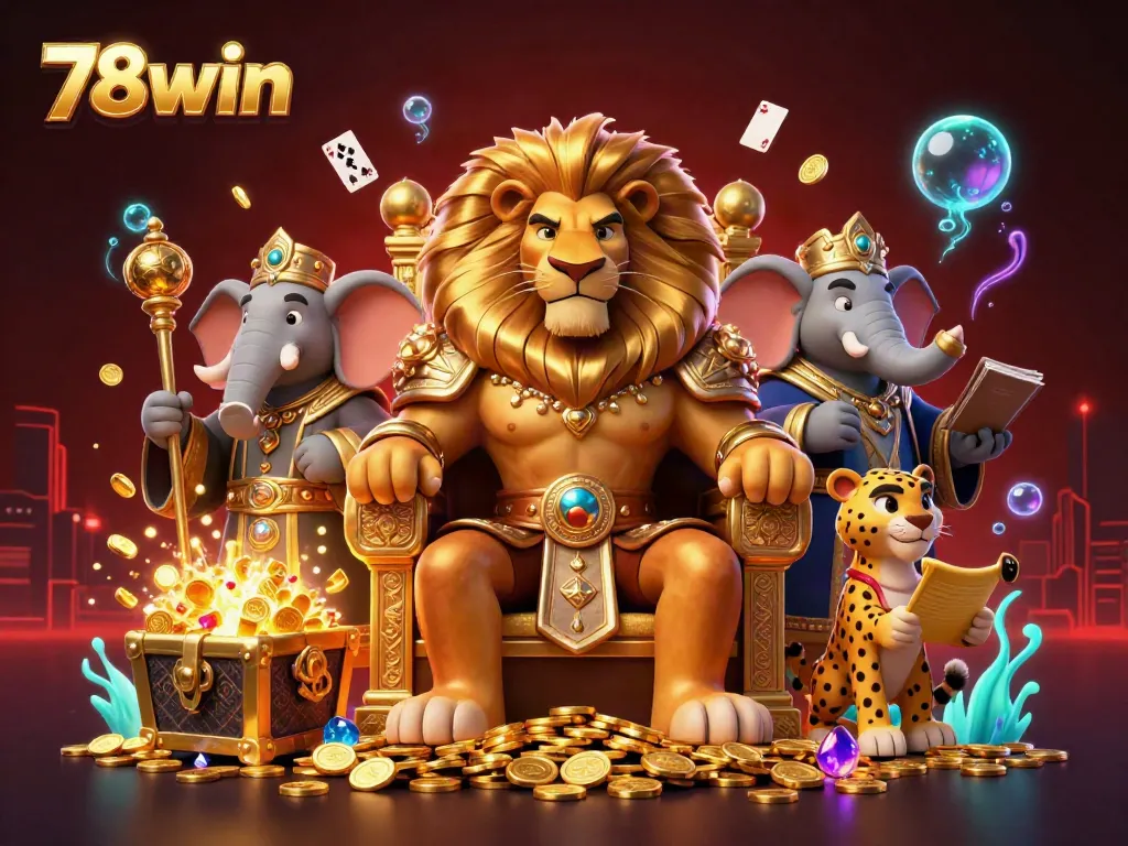Experience the thrilling world of 78win with the lion king amidst gold treasures and casino excitement.