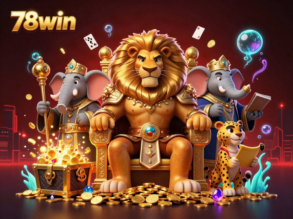 Experience the thrilling world of 78win with the lion king amidst gold treasures and casino excitement.
