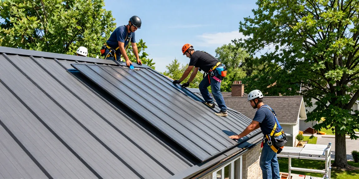 Roofing team installing metal roofing in Toronto; read more about quality solutions.