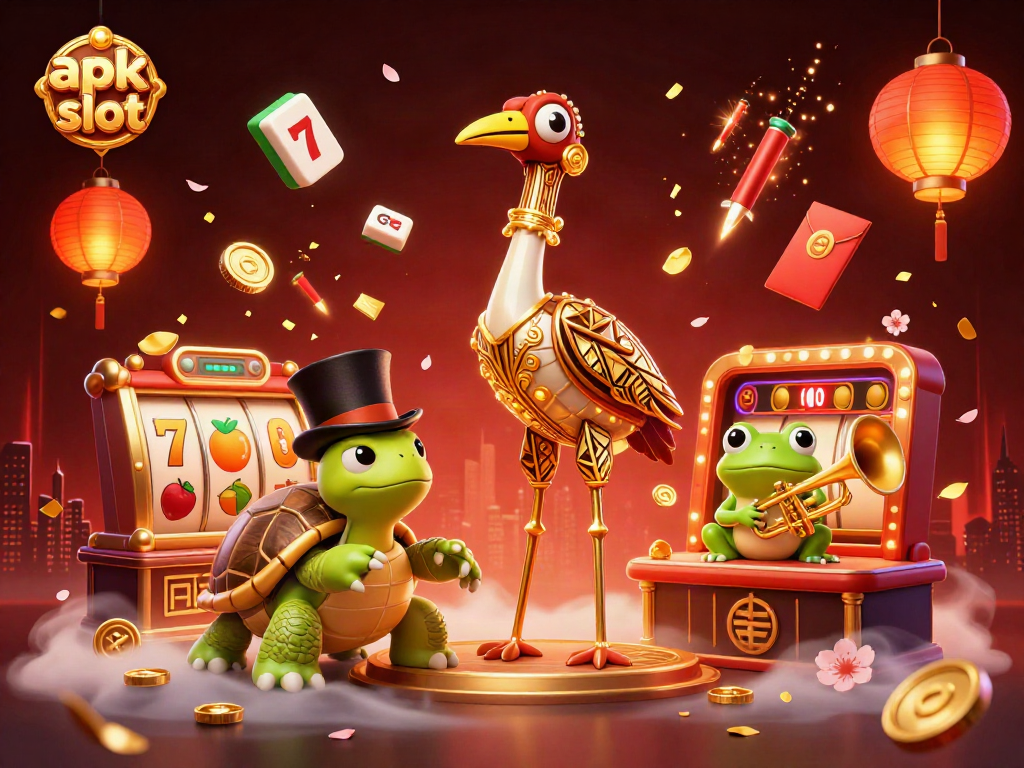 Engage with the apk slot excitement in a vibrant 3D casino scene featuring playful characters and dynamic elements.