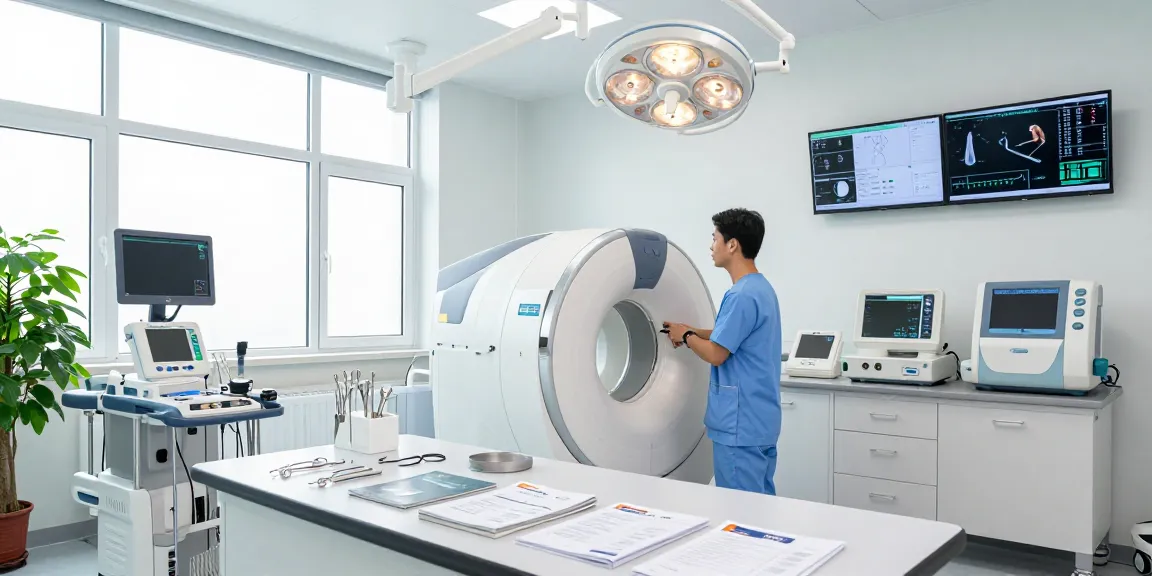 Medical equipment suppliers in a modern clinical setting with advanced imaging machinery and surgical tools.